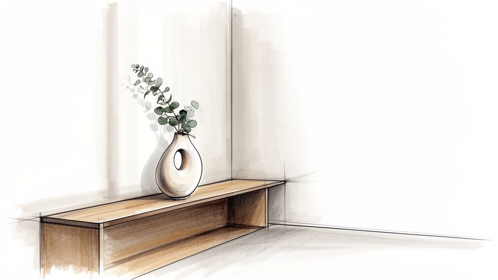 Schizzo di interni moderni con mensola in legno e vaso di design minimalista con rami di eucalipto.