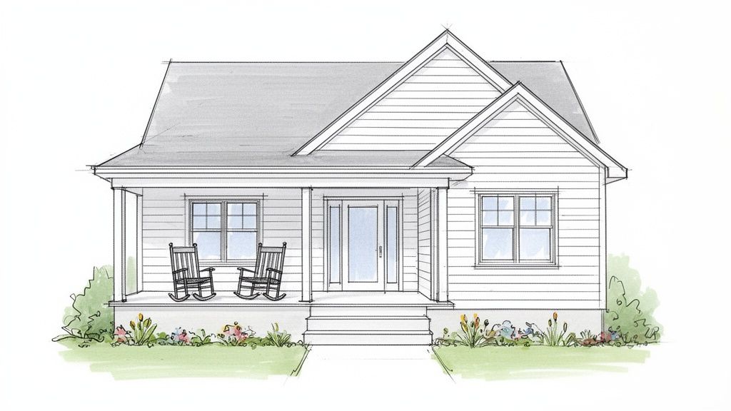 Disegno a schizzo di una casa bianca in stile americano con portico frontale, due sedie a dondolo e piante fiorite.