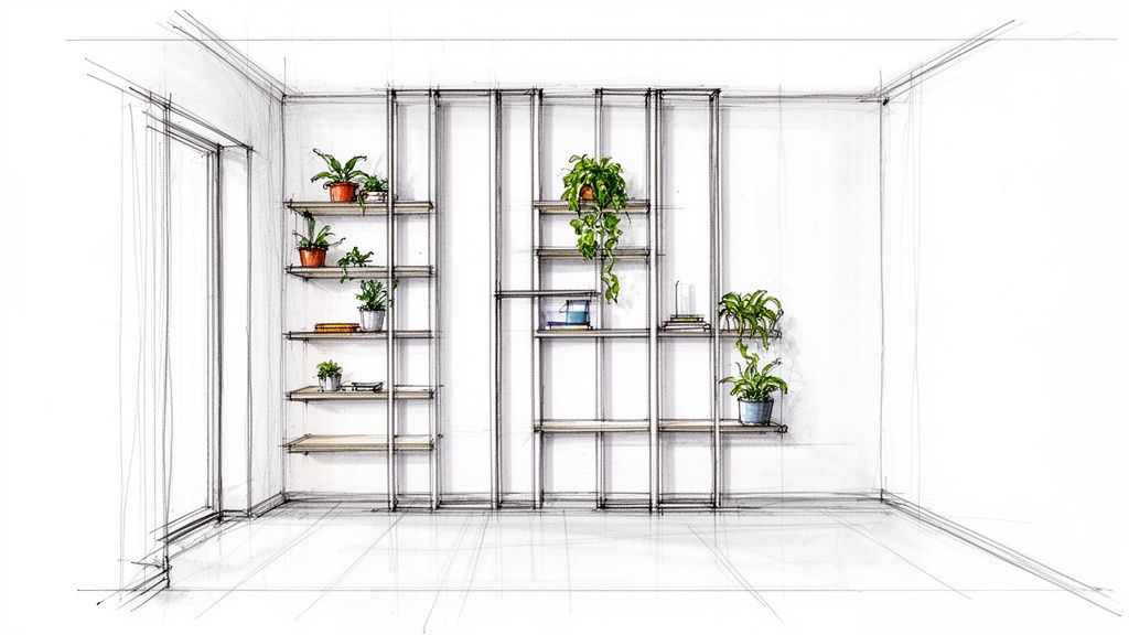 Disegno a schizzo di interni con scaffali moderni, piante e un'atmosfera luminosa e minimalista.