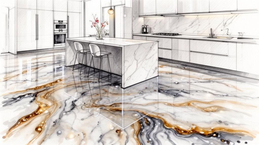 Cucina moderna con isola, elettrodomestici integrati e pavimento in marmo lucido con venature oro e nere.