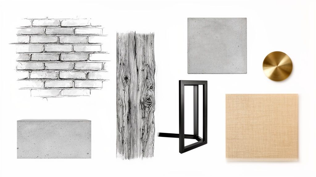 Una mood board di design industriale con campioni di mattoni, legno, cemento, metallo nero, ottone e tessuto beige.