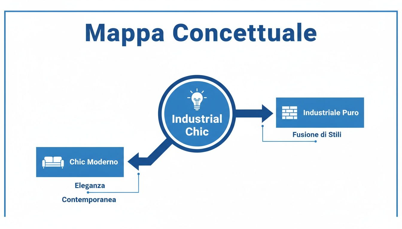 Mappa concettuale che illustra l'Industrial Chic come fusione tra Chic Moderno e Industriale Puro, con eleganza contemporanea.