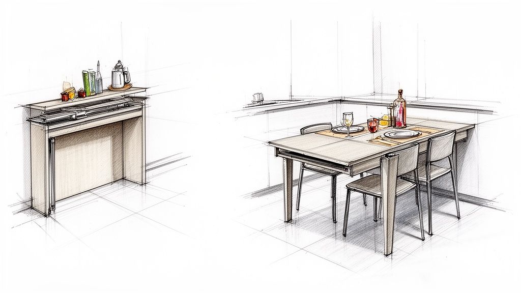 Disegno di mobile salvaspazio: una consolle compatta si trasforma in un tavolo da pranzo con sedie.