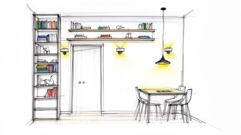 Disegno di interni di una stanza piccola con libreria, tavolo da pranzo e scaffali a muro illuminati.