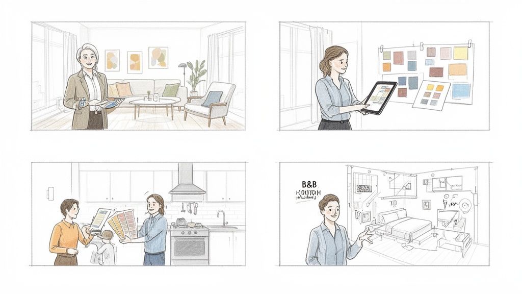 Quattro scene raffiguranti persone che progettano interni, usano app e campioni colore per visualizzare e scegliere arredi.