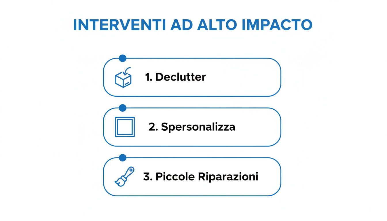 Infografica che elenca tre interventi ad alto impatto per preparare una casa alla vendita: decluttering, spersonalizzazione e piccole riparazioni.