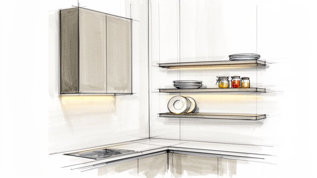 Schizzo di un angolo cucina moderno con pensili, mensole illuminate e stoviglie.