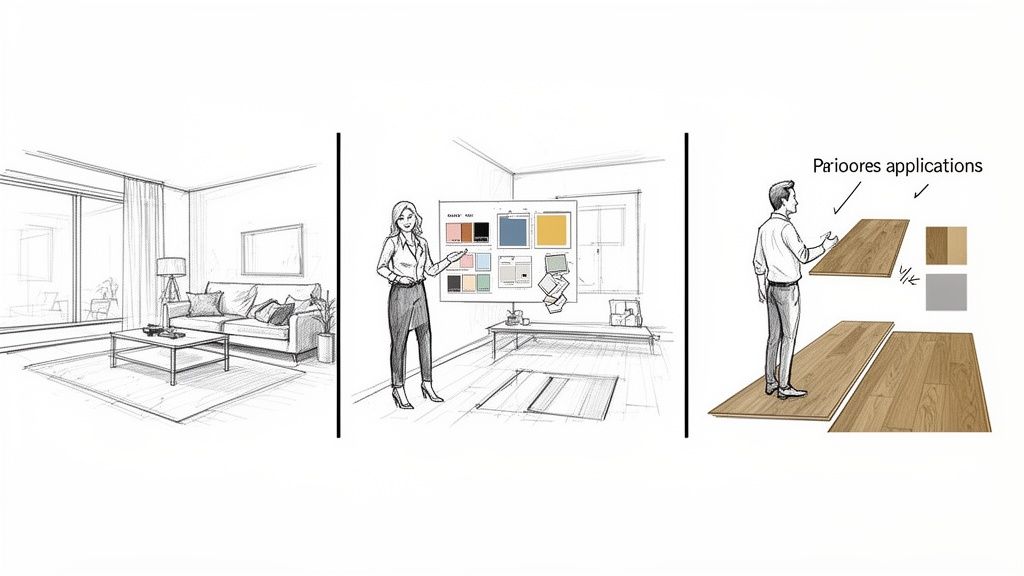 Tre schizzi illustrano la progettazione di interni: un soggiorno, una presentazione di design e l'installazione di pavimenti in legno.