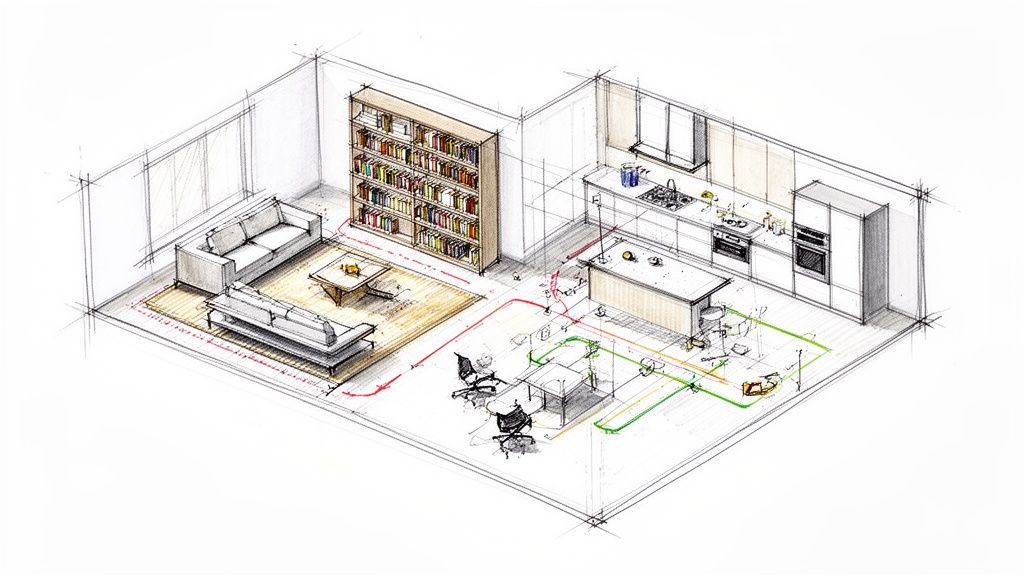 Illustrazione isometrica dettagliata di un interno moderno, con salotto, cucina, e linee che indicano percorsi.