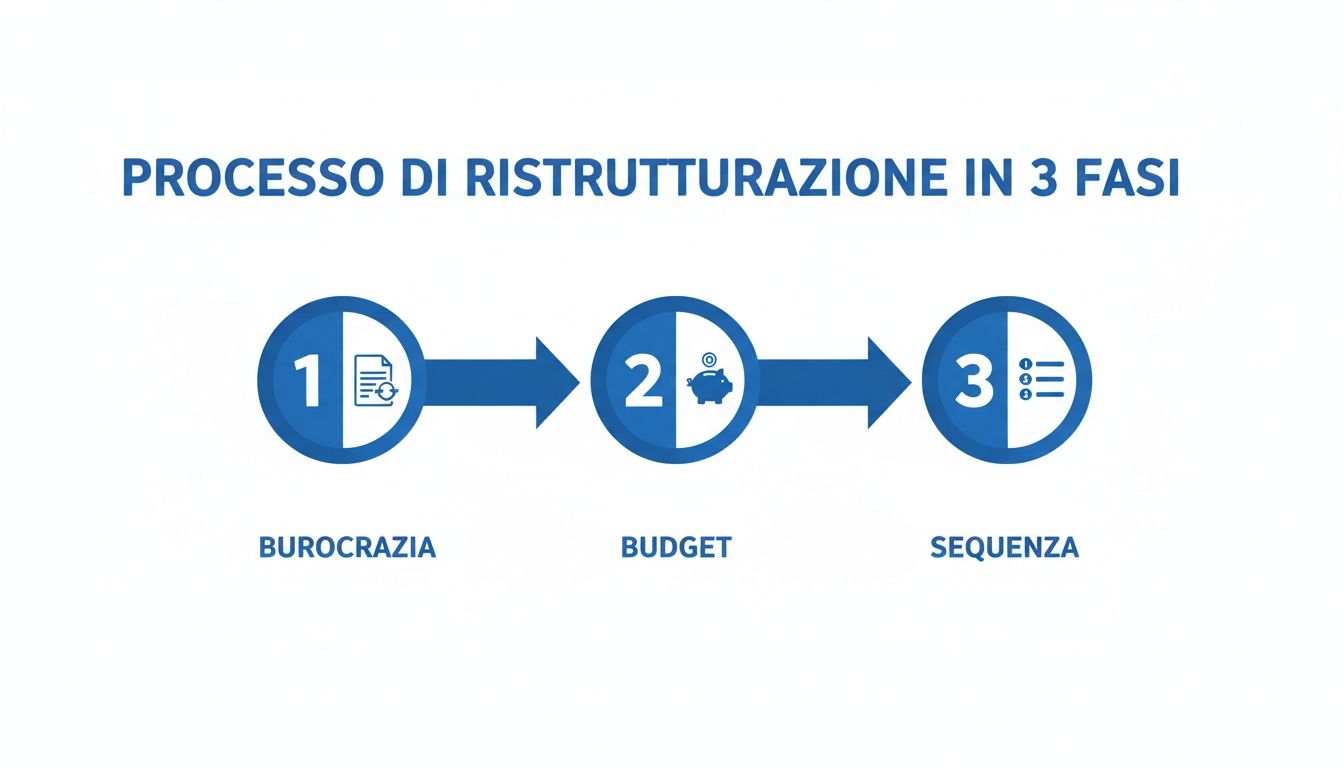 Diagramma di flusso che illustra il processo di ristrutturazione in 3 fasi: burocrazia, budget e sequenza.