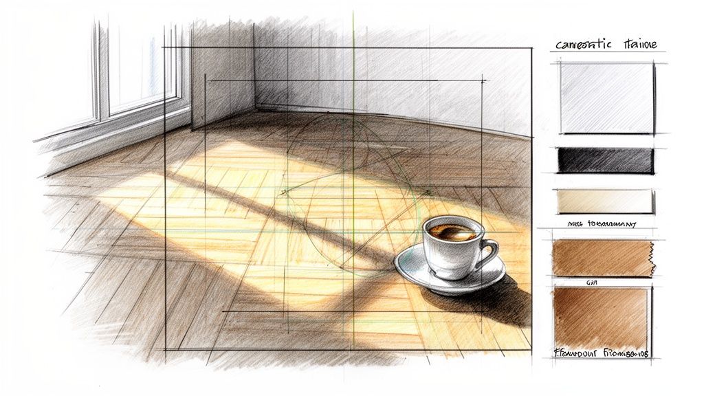 Schizzo dettagliato a mano di un angolo di stanza con pavimento in legno, luce solare e tazza di caffè.