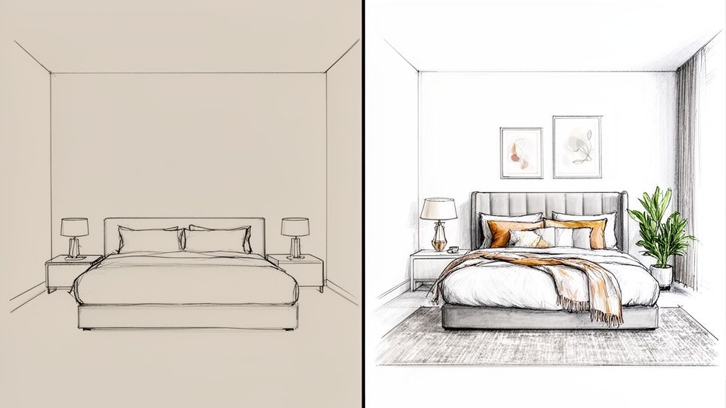 Rendering dettagliato di una camera da letto moderna con letto, comodini, lampade, opere d'arte e pianta.
