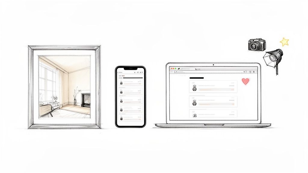 Immagine che illustra vari aspetti della vendita di una casa: un interno, dispositivi digitali e attrezzatura fotografica.