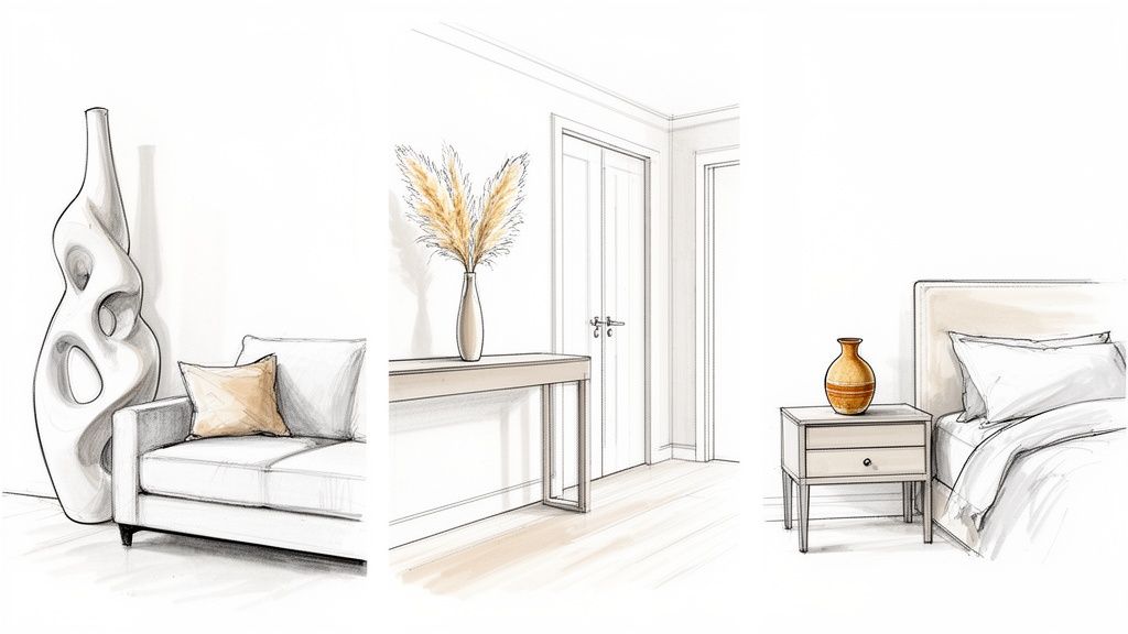 Disegni artistici di interni moderni che presentano vasi decorativi in diversi ambienti.