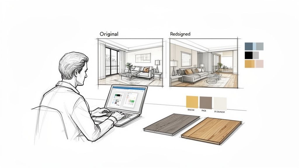 Un uomo progetta interni su un laptop, con viste originali e ridisegnate di un soggiorno, campioni di pavimentazione e palette di colori.