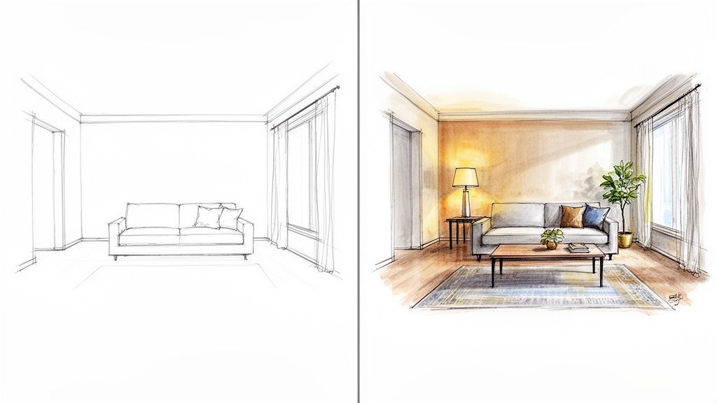 Schizzo e rendering a colori di un soggiorno, mostrando la trasformazione dello spazio da vuoto ad arredato.