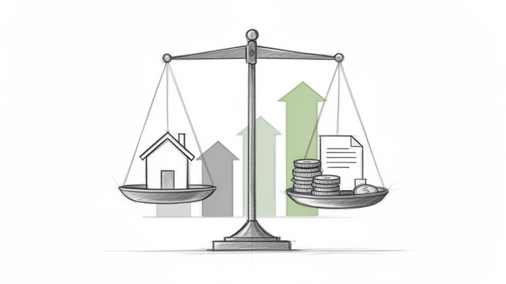 Bilancia che pesa una casa contro denaro e documenti, con frecce verdi che indicando aumento di valore finanziario.