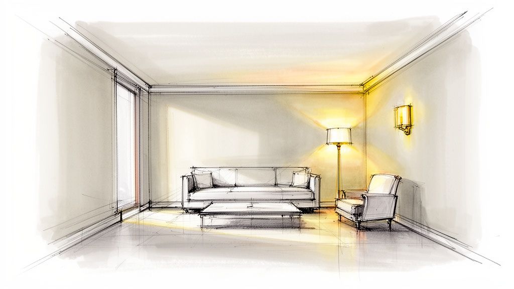 Schizzo prospettico di un soggiorno moderno con divano, poltrona e illuminazione calda, ideale per ispirazioni di design.