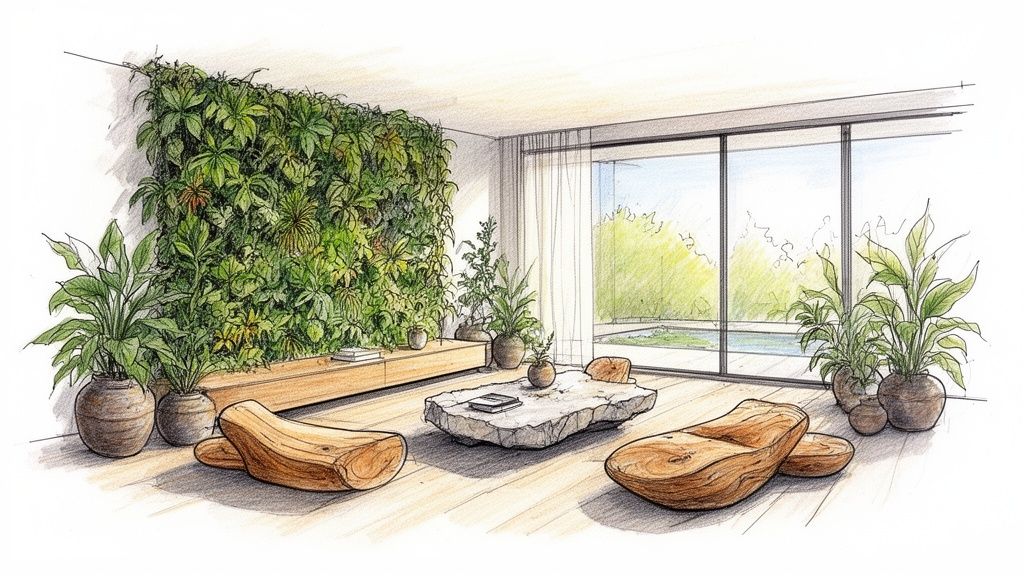 Soggiorno moderno con parete verde verticale, mobili in legno naturale e tavolo in pietra, vista su giardino.
