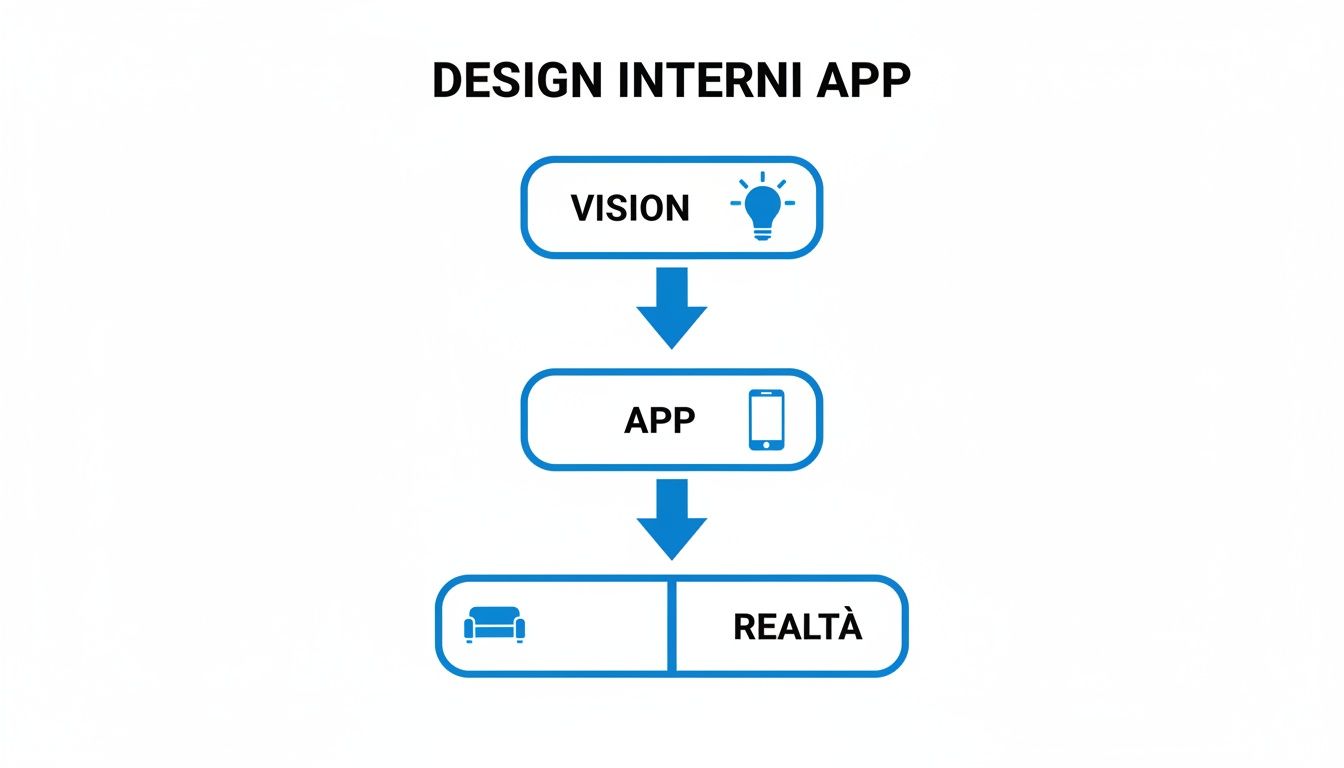 Diagramma di flusso che illustra il processo di sviluppo di un'app di design d'interni, dalla visione iniziale alla realizzazione pratica.