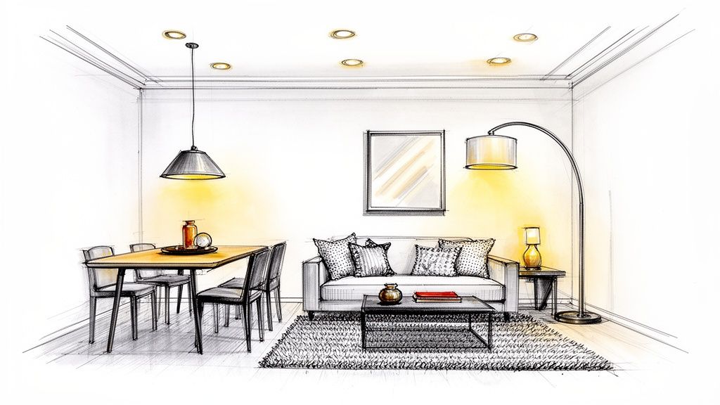 Illustrazione dettagliata di un interno open space moderno con mobili eleganti e illuminazione d'atmosfera.