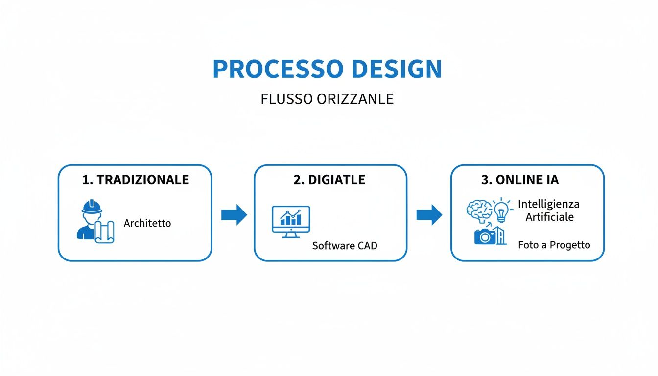 Diagramma del processo di design: dall'architetto tradizionale al software CAD e all'Intelligenza Artificiale online per progetti.
