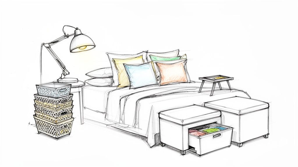 Schizzo di camera da letto con letto, cuscini colorati, lampada, cesti impilati e pouf contenitore.