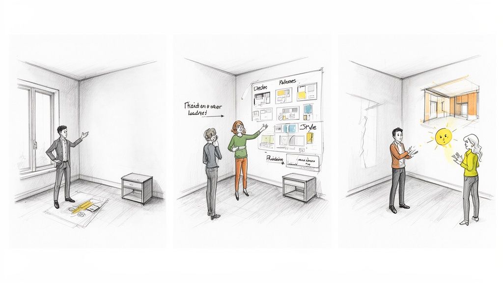 Illustrazioni che rappresentano la consulenza e la progettazione di interni, trasformando uno spazio vuoto in una casa da sogno.