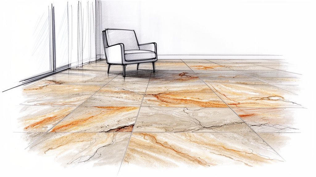 Schizzo di interni moderni con pavimento piastrellato effetto marmo color terra e poltrona.