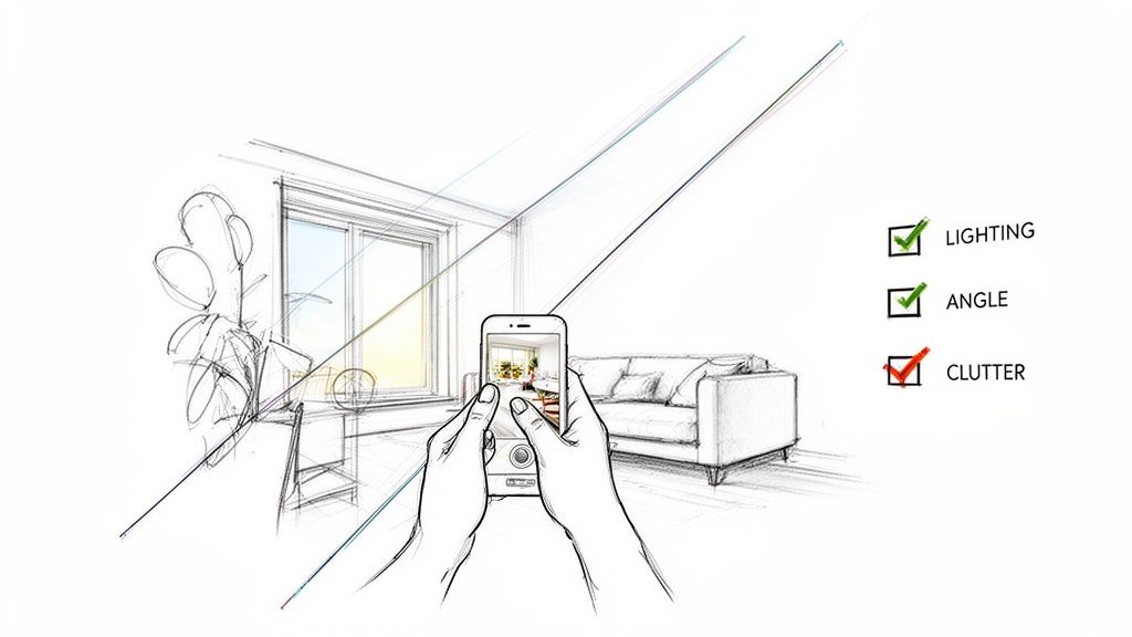 Mani tengono uno smartphone che inquadra una stanza arredata, con una checklist per illuminazione, angolazione e disordine.