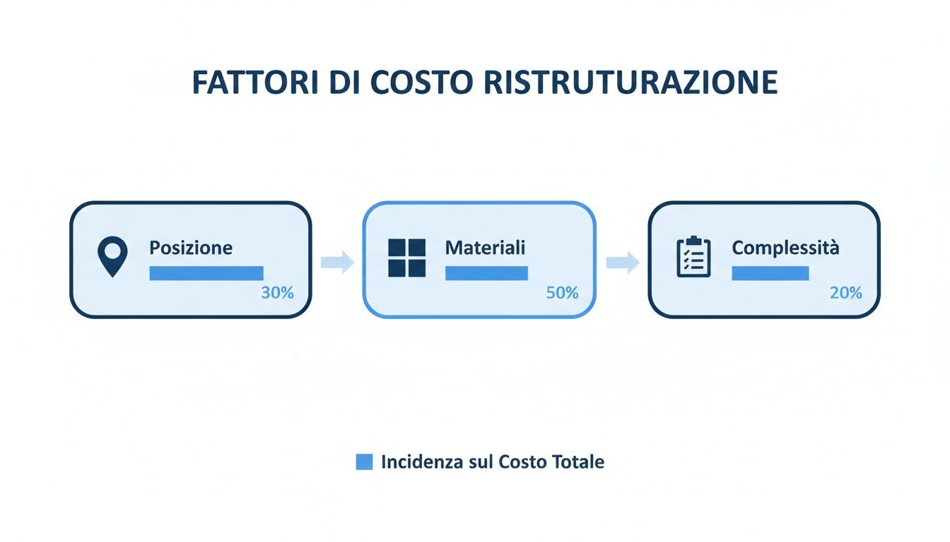 Infografica che mostra i fattori di costo per la ristrutturazione: Posizione (30%), Materiali (50%), Complessità (20%).