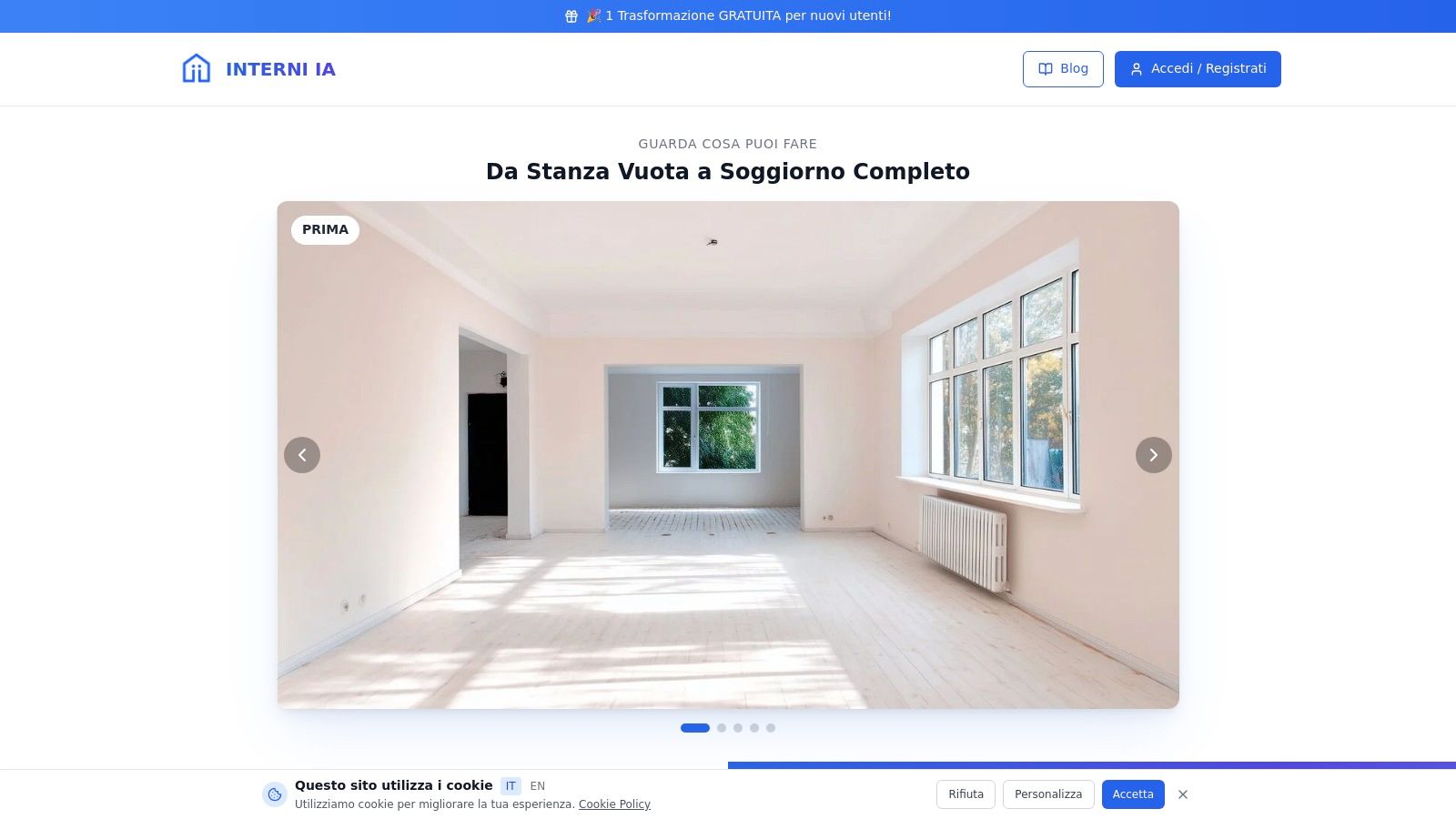 Stanza vuota trasformata con un'app per arredare casa in 3D gratis, mostrando un soggiorno arredato in stile moderno con divano grigio e dettagli in legno.