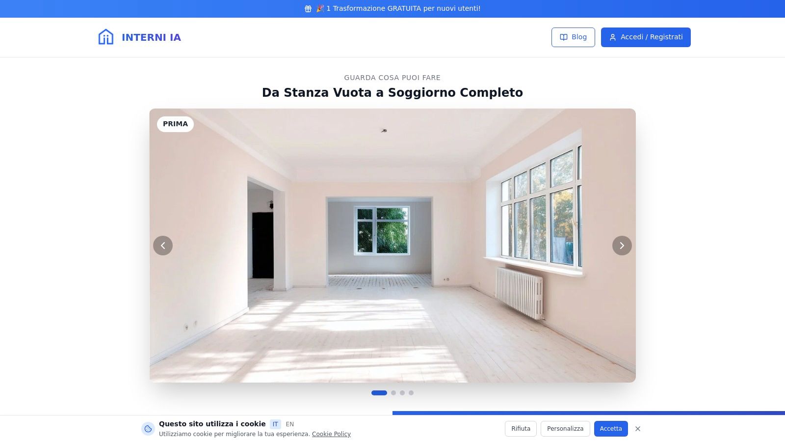 Esempio di trasformazione da stanza vuota a soggiorno moderno arredato con INTERNI IA