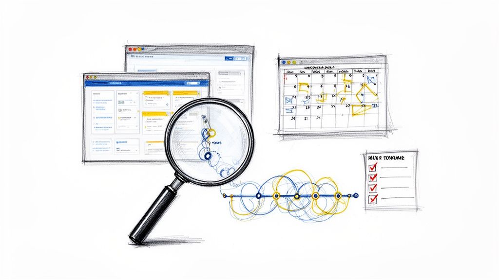 Sketched illustration showing productivity tools: software interfaces, calendar, timeline with magnifying glass, and checklist.