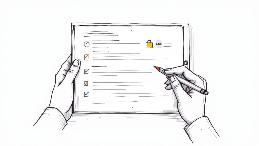 Hands holding tablet displaying digital checklist with checkboxes and security lock icon