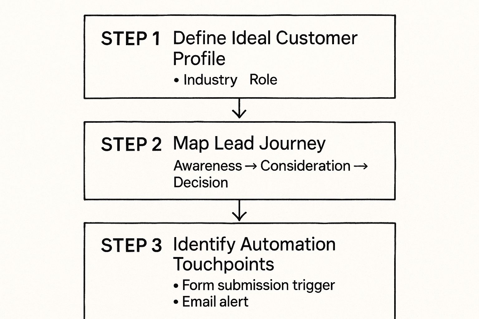 Infographic showing a three-step process: defining an ideal customer profile, mapping the lead journey, and identifying automation touchpoints.