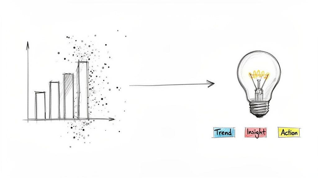 Sketch of a bar chart transforming into a bright lightbulb, leading to trend, insight, and action.
