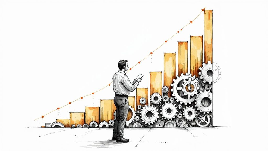 A person at a desk surrounded by icons representing marketing, sales, and analytics, illustrating the central role of automation.