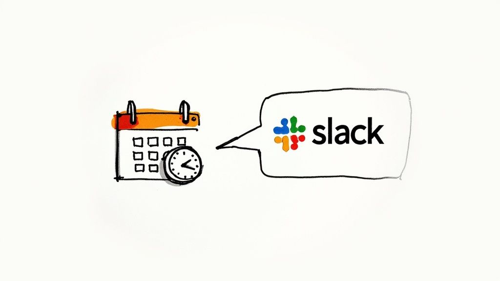 An illustration showing a Sagekit workflow with Google Calendar triggering a Slack message.