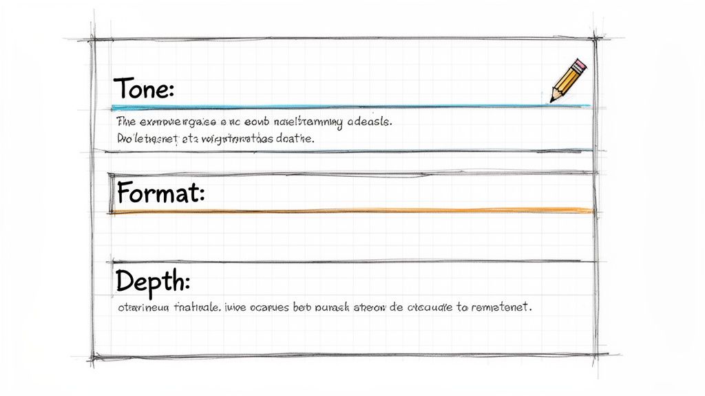 A handwritten note on grid paper, outlining sections for Tone, Format, and Depth, with a pencil icon.