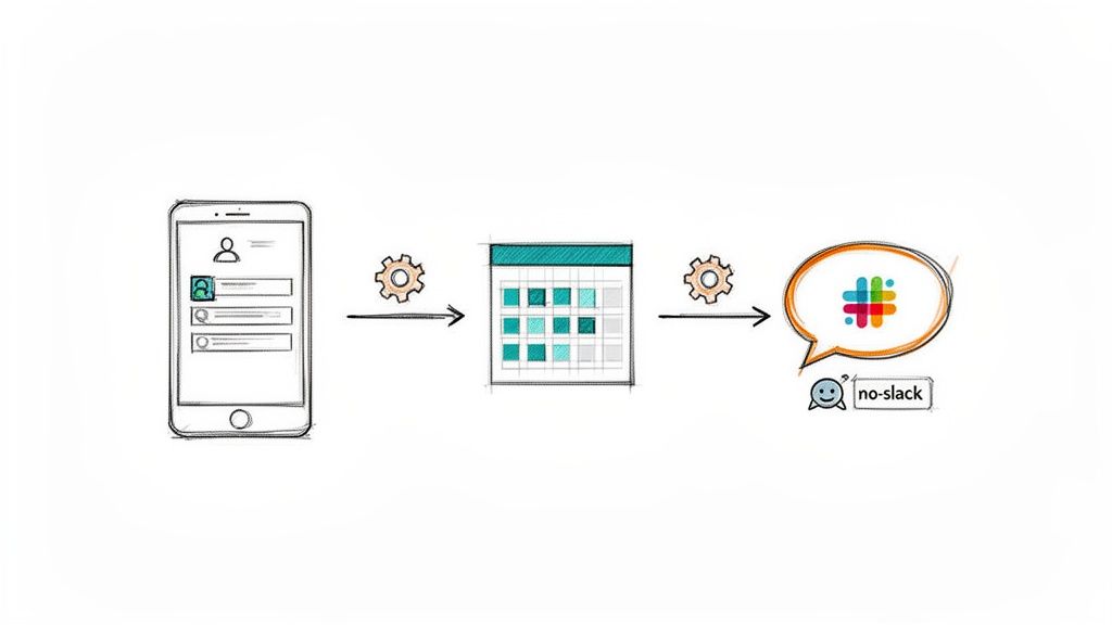 A diagram illustrates data flow from a mobile app, through gears, to a calendar, and then to Slack.