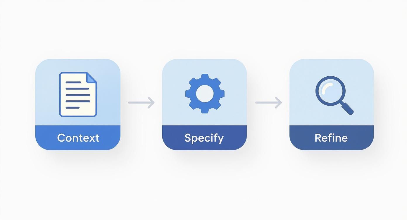 Three-step workflow diagram showing context, specify, and refine stages for AI report writing process