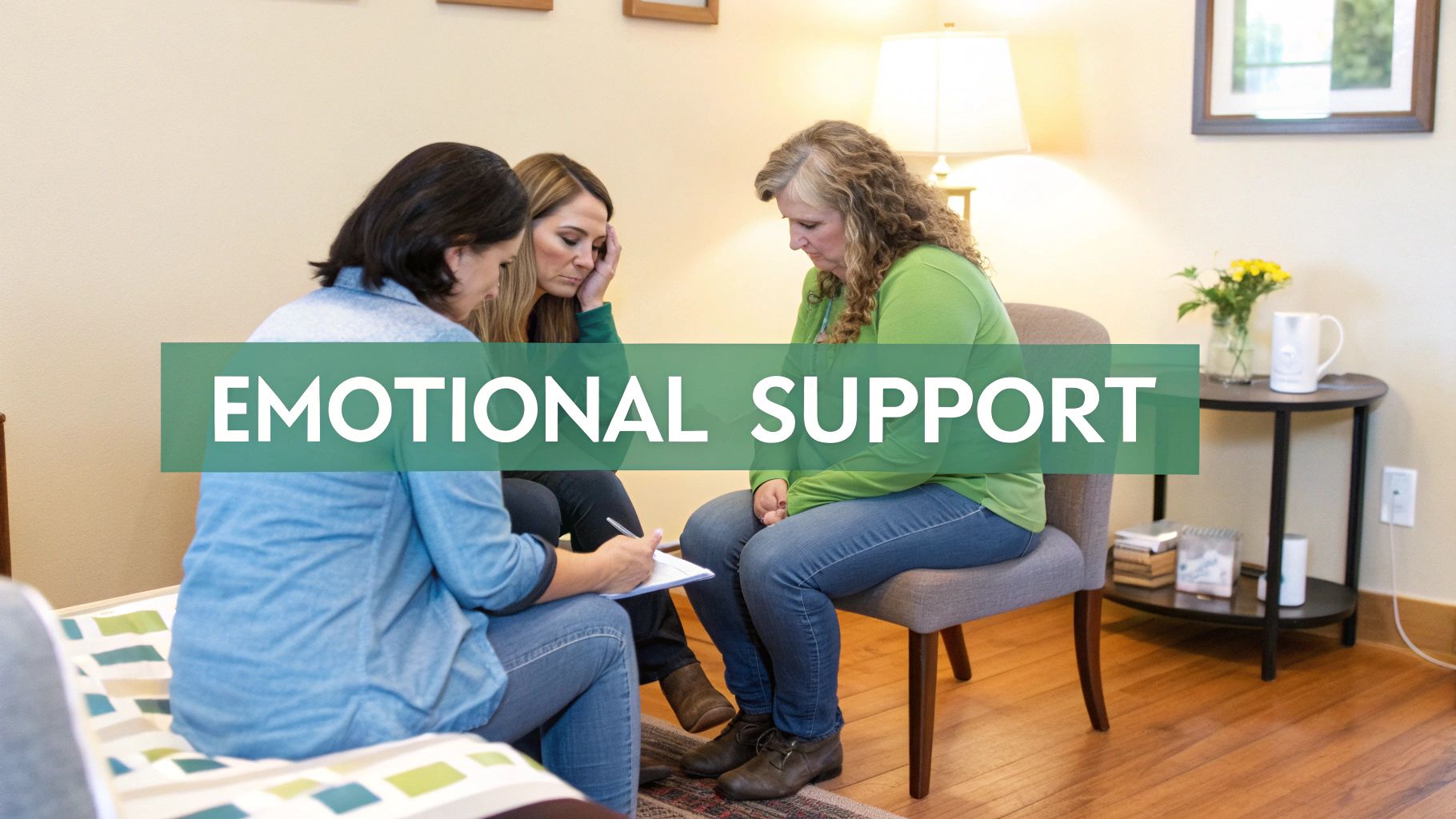 Three women in a counseling session, one offers emotional support to two distressed women.