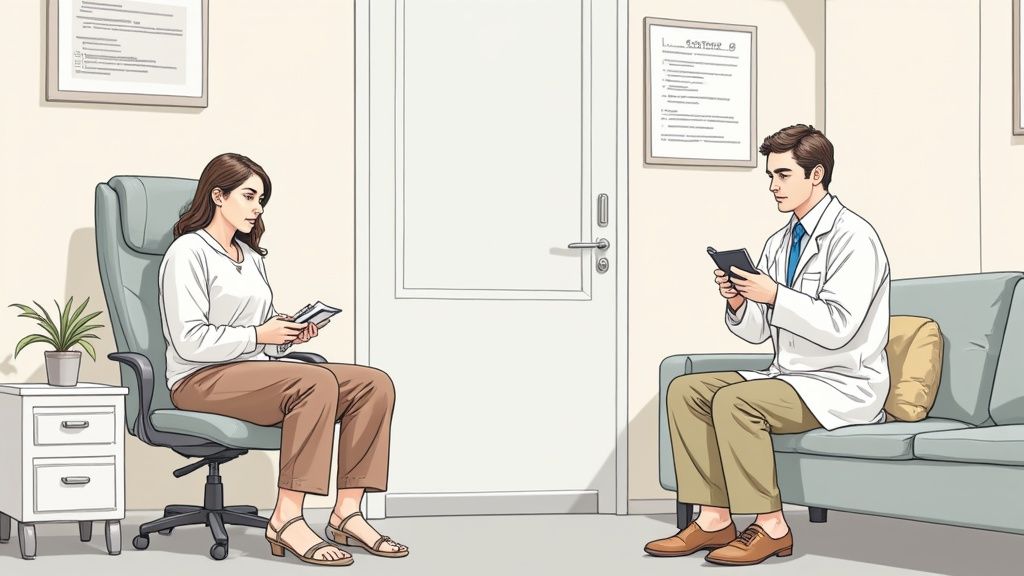 A supportive friend accompanies a loved one to a medical appointment, taking notes.