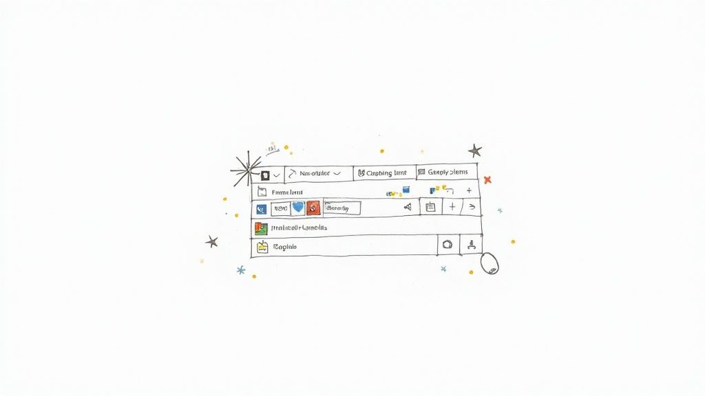 A playful hand-drawn sketch of a multi-pane user interface with email-like features and decorative stars.