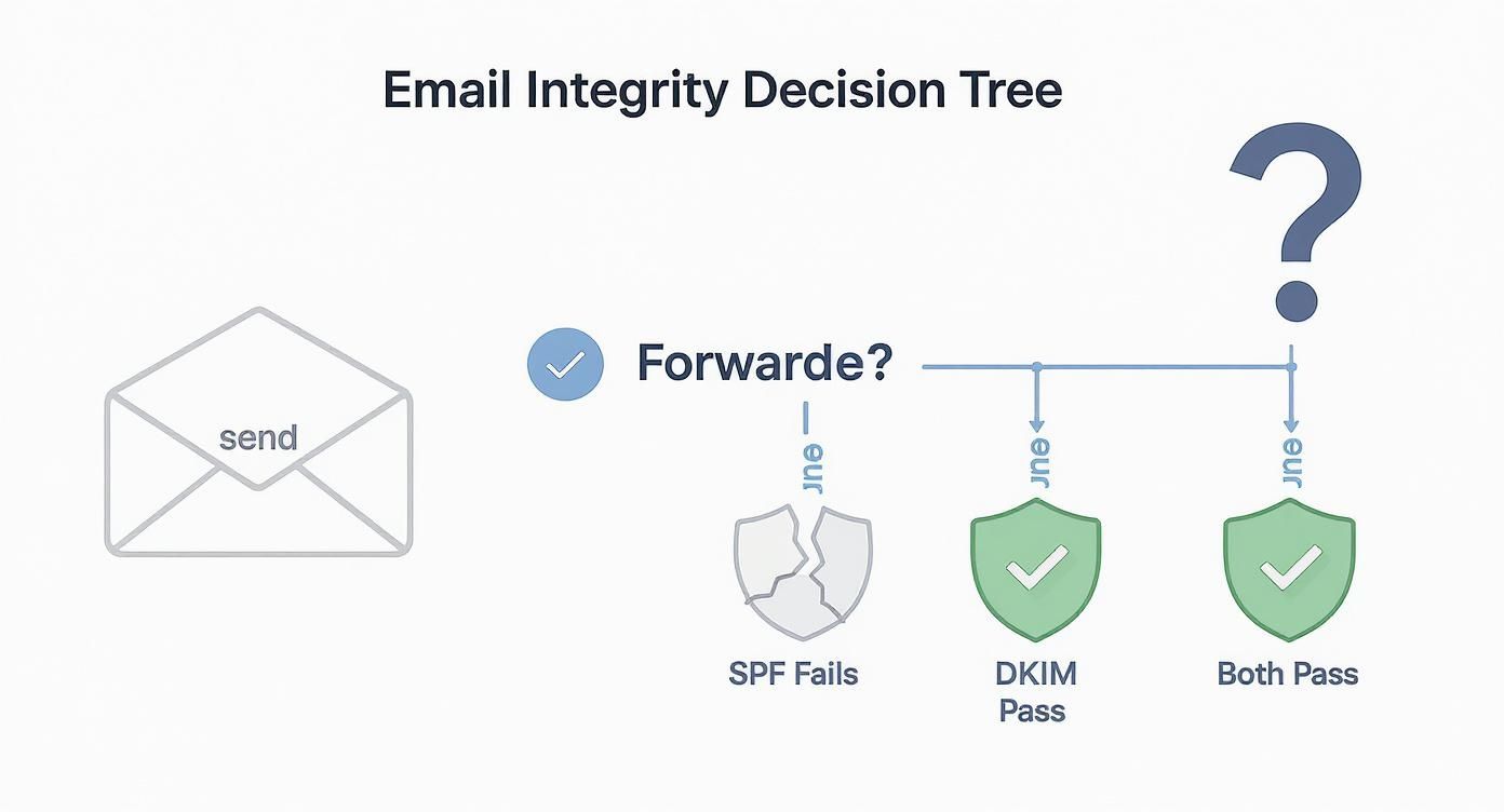 Email integrity decision tree diagram showing SPF and DKIM authentication checks for forwarded messages