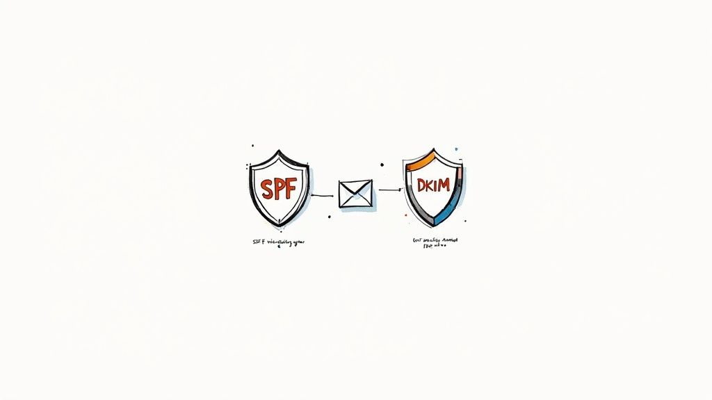 SPF and DKIM email authentication shields connected by envelope illustrating email security protocols