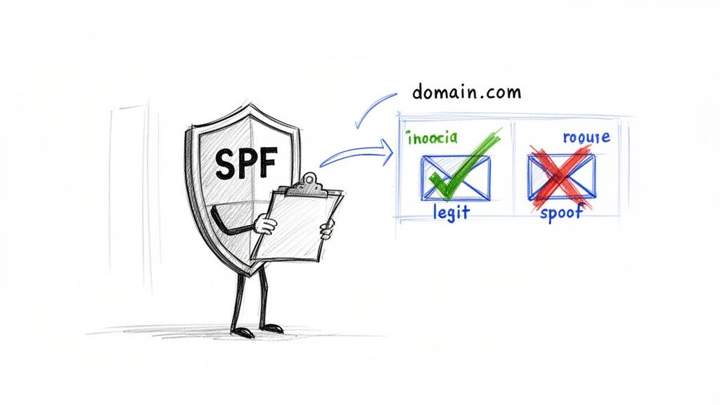 An illustration of SPF email authentication protecting a domain from spoofing attacks by validating emails.
