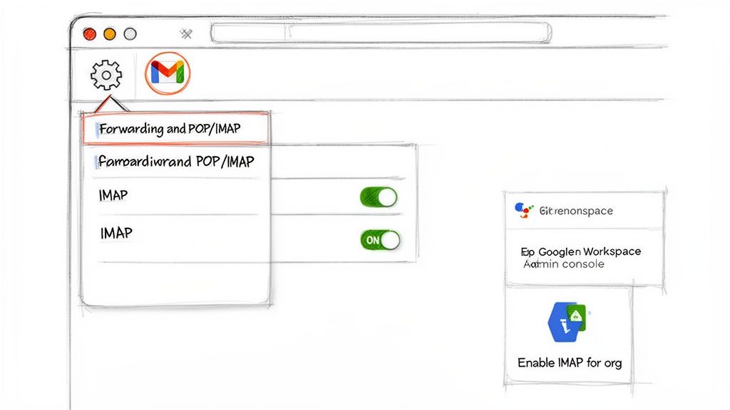 A sketched browser window showing Gmail settings for forwarding and IMAP, with toggle switches.