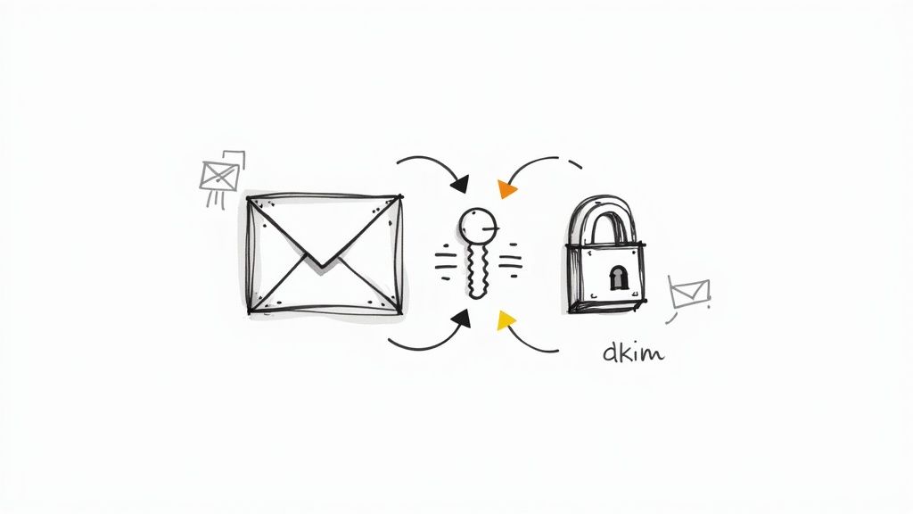 Diagram showing an email envelope, a key, and a padlock, representing DKIM email security.